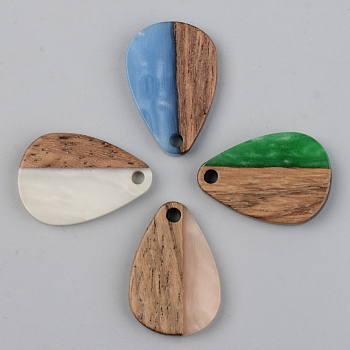 Opaque Resin & Walnut Wood Pendants, Teardrop, Mixed Color, 21.5x14.5x3mm, Hole: 2mm