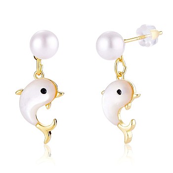 Natural Pearl with White Shell Dolphin Dangle Stud Earring, Brass Jewelry for Women, Golden, 24.5x10mm, Pin: 0.8mm