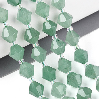 Natural Green Aventurine Beads Strands, Bicone, Faceted, with Seed Beads, 8~8.5x7.5~8.5mm, Hole: 1~1.2mm, about 36~39pcs/strand, 14.37~15.75''(36.5~40cm)