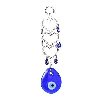 Heart Alloy Big Home Decorations, with Resin Beads, Iron Findings, Wall Hanging Decoration, Teardop with Evil Eye, Antique Silver & Platinum, 165mm