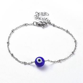 Handmade Lampwork Evil Eye Beads Beaded Bracelets, with 304 Stainless Steel Cable Chains and Lobster Claw Clasps, Blue, 6-7/8 inch(17.5cm), 1.5~2mm