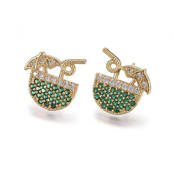 Brass Studs Earrings, with Micro Pave Cubic Zirconia, Fruit Juice, Green & Clear, Golden, 15x14.5x2.3mm, Pin: 0.7mm