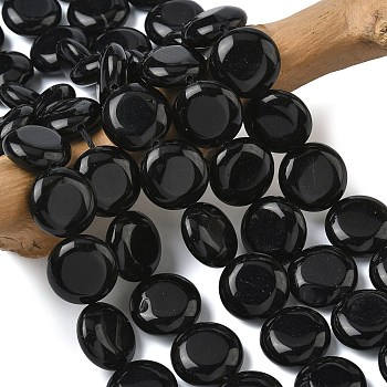 Natural Black Onyx Beads Strands, Dyed & Heated, Flat Round, 15~15.5x6mm, Hole: 0.8~1mm, about 26pcs/strand, 15.55~15.71 inch(39.5~39.9cm)