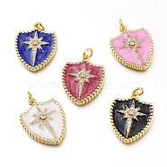 Real 18K Gold Plated Brass Micro Pave Clear Cubic Zirconia Enamel Pendants, Long-Lasting Plated, with Jump Rings, Lead Free & Cadmium Free, Shield with Star, Mixed Color, 23.5x17.5x2.5mm, Jump Ring: 5x1mm, Inner Diameter: 3mm(ZIRC-A017-02G-RS)