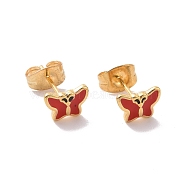 Enamel Butterfly Stud Earrings with 316L Surgical Stainless Steel Pins, Gold Plated 304 Stainless Steel Jewelry for Women, Red, 7.5x5.5mm, Pin: 0.7mm(EJEW-P204-04G-01)