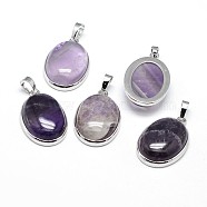 Oval Platinum Plated Brass Natural Amethyst Pendants, Cadmium Free & Lead Free, 31x20x7.5mm, Hole: 5x8mm(G-F228-15C-RS)