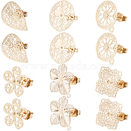 24Pcs 6 Styles Flower & Square Brass Stud Earring Findings, with Horizontal Loops & 24Pcs Ear Nuts, Real 18K Gold Plated, 10.5~17.5x9~15nnm, Hole: 1~1.4mm, Pin: 0.6~0.7mm, 4Pcs/style(KK-BBC0008-08)