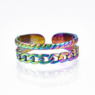Rainbow Color 304 Stainless Steel Curb Chain Shape Cuff Ring, Hollow Open Ring for Women, US Size 9(18.9mm)(RJEW-N038-037M)