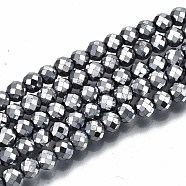 Electroplate Non-magnetic Synthetic Hematite Beads Strands, Round, Faceted, Platinum Plated, 4mm, Hole: 1mm, about 108pcs/strand, 15.67 inch~15.91 inch(39.8cm~40.4cm)(G-T114-60B-P)
