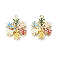 Golden Plated Alloy Pendants, with Enamel & Crystal Rhinestone, Snowflake, for Christmas, Colorful, 23.5x19x3.5mm, Hole: 1.6mm(X-PALLOY-L228-005G)