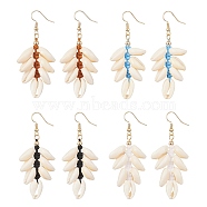 Natural Shell Beaded Dangle Earrings, Brass Long Cluster Earrings, Mixed Color, 62~64x28~29mm(EJEW-JE05333)