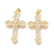 Brass Micro Pave Clear Cubic Zirconia Pendants, Cross, Real 18K Gold Plated, 32x20x3mm, Hole: 3mm(ZIRC-O038-05G)