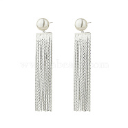 Brass Dangle Stud Earrings, Tassel Earrings, with Imitation Pearl Beads, Platinum, Pendants: 65x14.5mm(XA7373-2)