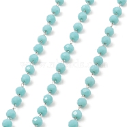 Glass Round Beaded Chain, with 304 Stainless Steel Findings, Unwelded, with Spool, Turquoise, 3.5x3mm, about 5m/Roll(CHS-B003-01B)
