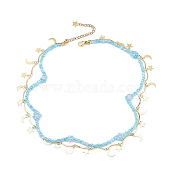 Moon and Star Charms & Glass Seed Flower Double Layered Necklace, Brass Jewlery for Women, Pale Turquoise, 16.54 inch(42cm)(NJEW-JN04054)