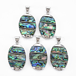 Natural Abalone Shell/Paua Shell Big Pendants, with Platinum Brass Findings, Oval, Colorful, 44x26x6mm, Hole: 6x8mm(SHEL-N333-009A-A01)