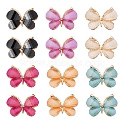 12Pcs 6 Colors Alloy Pendants, with Resin, Faceted, Butterfly, Light Gold, Mixed Color, 21~22x28~29x4.5mm, Hole: 2.5mm, 2pcs/color(FIND-FS0001-16)
