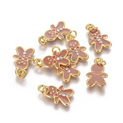 Alloy Enamel Pendants, Cadmium Free & Lead Free, with Rhinestone, Lovely Christmas Gingerbread Man, Nice for Holiday Jewelry Making, Golden Color, Brown, about 11mm wide, 22mm long,1.5mm thick, hole:3mm(X-BSA0002)