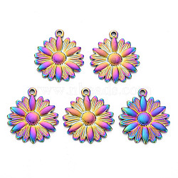 201 Stainless Steel Flower Pendants, Daisy, Rainbow Color, 25.5x22x2.5mm, Hole: 2mm(STAS-S119-044)