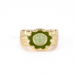 Alloy Enamel Wide Band Rings, Cadmium Free & Lead Free, Light Gold, Textured, Flower with Smiling Face, Dark Sea Green, US Size 7 3/4(17.9mm)(RJEW-N034-007D-RS)