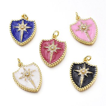 Real 18K Gold Plated Brass Micro Pave Clear Cubic Zirconia Enamel Pendants, Long-Lasting Plated, with Jump Rings, Lead Free & Cadmium Free, Shield with Star, Mixed Color, 23.5x17.5x2.5mm, Jump Ring: 5x1mm, Inner Diameter: 3mm