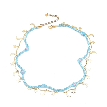 Moon and Star Charms & Glass Seed Flower Double Layered Necklace, Brass Jewlery for Women, Pale Turquoise, 16.54 inch(42cm)