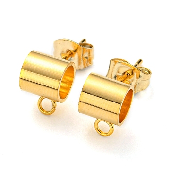 201 Stainless Steel Stud Earring Findings, with 304 Stainless Steel Pin & Horizontal Loops & Friction Ear Nuts, Column Tube, Real 24K Gold Plated, 8.8x6x6mm, Hole: 1.8mm, Inner Diameter: 4.8mm, Pin: 0.8mm