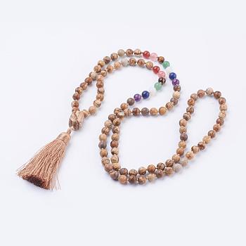 Natural Picture Jasper Tassel Pendant Necklaces, with Gemstone Beads, Chakra Necklaces, 40.5 inch(103cm)