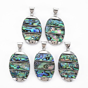 Natural Abalone Shell/Paua Shell Big Pendants, with Platinum Brass Findings, Oval, Colorful, 44x26x6mm, Hole: 6x8mm