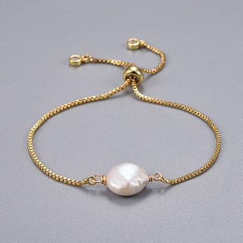Brass Slider Bracelets, Bolo Bracelets, with Natural Baroque Pearl Keshi Pearl Beads, White, 9 inch(23cm), 1.3mm