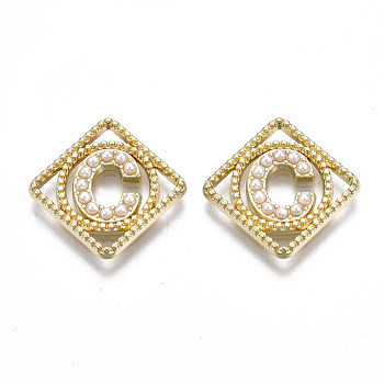 Rack Plating Alloy CAbochons, with ABS Plastic Imitation Pearl Beads, Cadmium Free & Lead Free, Rhombus with Word, Light Gold, Letter.C, 19.5x19.5x2.5mm, Side Length: 14.5mm