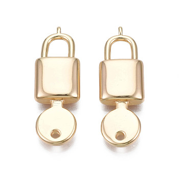 Brass Connector Charms, Cadmium Free & Nickel Free & Lead Free, Lock, Real 18K Gold Plated, 29x10x4mm, Hole: 0.8mm & 1.6mm