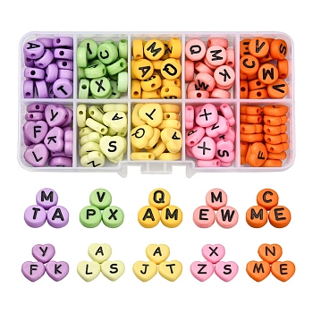 200Pcs 10 Colors Opaque Acrylic Beads, Horizontal Hole, Flat Round & Heart with Random Letters, Mixed Color, 10x4.5mm, 5colors, 20pcs/color