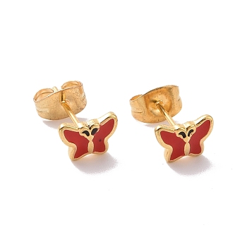 Enamel Butterfly Stud Earrings with 316L Surgical Stainless Steel Pins, Gold Plated 304 Stainless Steel Jewelry for Women, Red, 7.5x5.5mm, Pin: 0.7mm