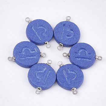 Handmade Porcelain Links connectors, Frosted, with Brass Findings, Flat Round with Constellation, Platinum, Blue, Libra, 22x15~15.5x3mm, Hole: 1.5mm