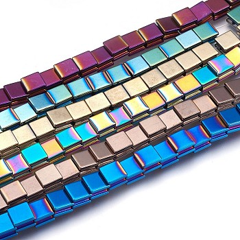 Electroplate Non-magnetic Synthetic Hematite Bead Strands, Polished, Grooved, Square, Mixed Color, 8x8x5mm, Hole: 1.5mm, about 54pcs/strand, 16.7 inch(42.5cm)