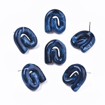 Opaque Resin Stud Earrings, Imitation Gemstone Style, with Stainless Steel Pins, Vortex, Dark Blue, 19.5x17mm, Pin: 0.7mm