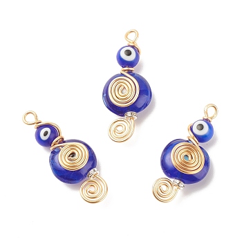 Handmade Lampwork Evil Eye Pendants, with Brass Grade A Rhinestone Spacer Beads and Copper Wire, Musical Note, Golden, 38~39.5x15~16x9~10mm, Hole: 3~3.5mm