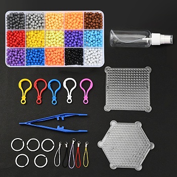 DIY Keychain & Phone Strap Making Kits, 1350Pcs 15 Colors Round Plastic Beads, Animal & Square ABC Plastic Pegboards, Plastic Tweezers & Clasp Findings, Iron Split Key Rings & Strap, Mixed Color, Beads: 1350pcs/set