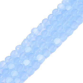 Transparent Imitation Jade Glass Beads Strands, Faceted, Flat Round, Light Sky Blue, 4x2.5mm, Hole: 0.8mm, about 148~149pcs/strand, 21.85 inch~22.64 inch(55.5~57.5cm)