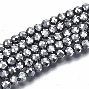 Electroplate Non-magnetic Synthetic Hematite Beads Strands, Round, Faceted, Platinum Plated, 4mm, Hole: 1mm, about 108pcs/strand, 15.67 inch~15.91 inch(39.8cm~40.4cm)