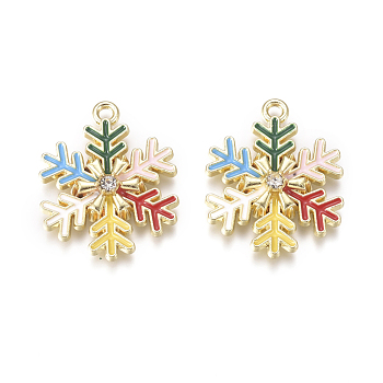 Golden Plated Alloy Pendants, with Enamel & Crystal Rhinestone, Snowflake, for Christmas, Colorful, 23.5x19x3.5mm, Hole: 1.6mm