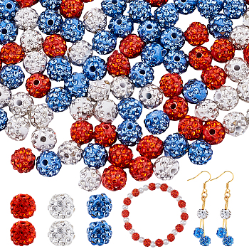 150Pcs 3 Colors Rhinestone Pave Disco Ball Beads, Polymer Clay Rhinestone Beads, Round, Mixed Color, 7.5~8mm, Hole: 1.8mm, 50pcs/color