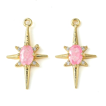 Brass Micro Pave Cubic Zirconia Pendants, Real 18K Gold Plated, Star, Pink, 21x12x3.5mm, Hole: 1.2mm
