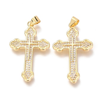 Brass Micro Pave Clear Cubic Zirconia Pendants, Cross, Real 18K Gold Plated, 32x20x3mm, Hole: 3mm