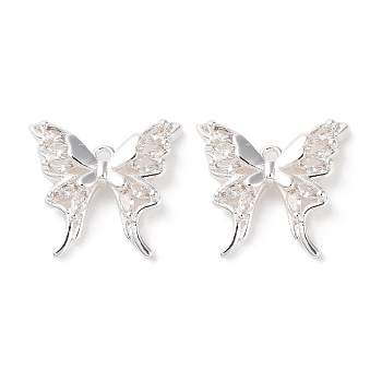 Brass Micro Pave Clear Cubic Zirconia Pendants, Butterfly, 925 Sterling Silver Plated, 15x16x4mm, Hole: 1mm