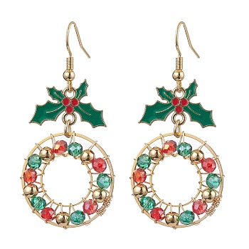 Christmas Wreath Electroplated Glass Bead Dangle Earrings, Alloy Enamel Holly Leaf Earrings for Women, Red, Green, 54x25.5mm