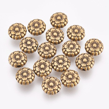 Tibetan Style Beads, Alloy Beads, Lead Free & Cadmium Free, Antique Bronze Color, Flower, Great for Mother's Day Gifts making, 7.5mm in diameter, 3.5mm thick, hole: 1mm