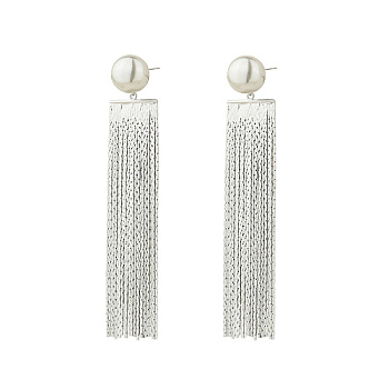 Brass Dangle Stud Earrings, Tassel Earrings, with Imitation Pearl Beads, Platinum, Pendants: 65x14.5mm