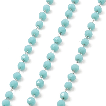 Glass Round Beaded Chain, with 304 Stainless Steel Findings, Unwelded, with Spool, Turquoise, 3.5x3mm, about 5m/Roll